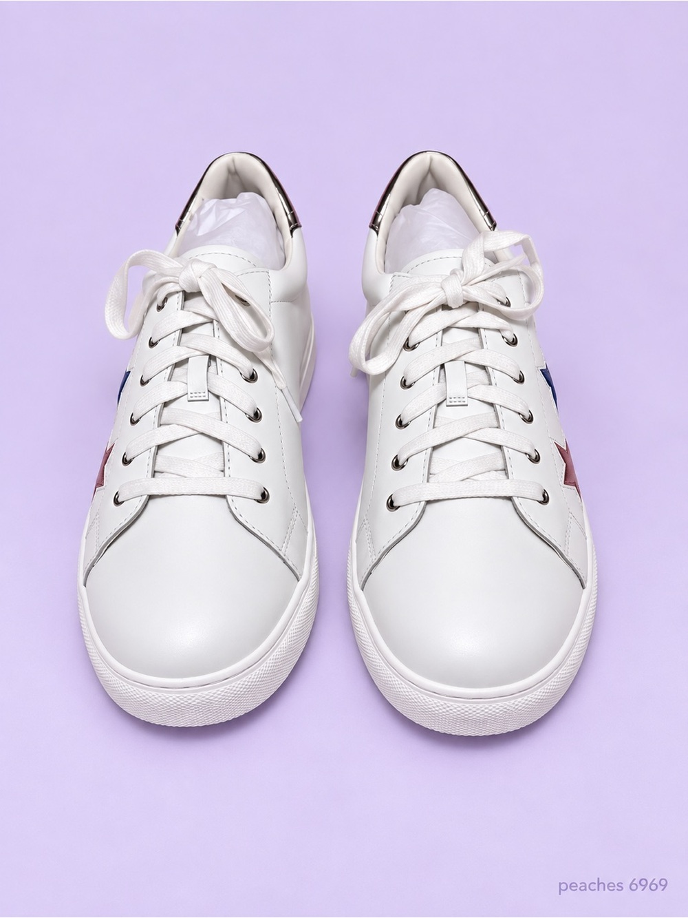 Cute White leather Lace-Up Women's Sneakers with Metallic Star Accents